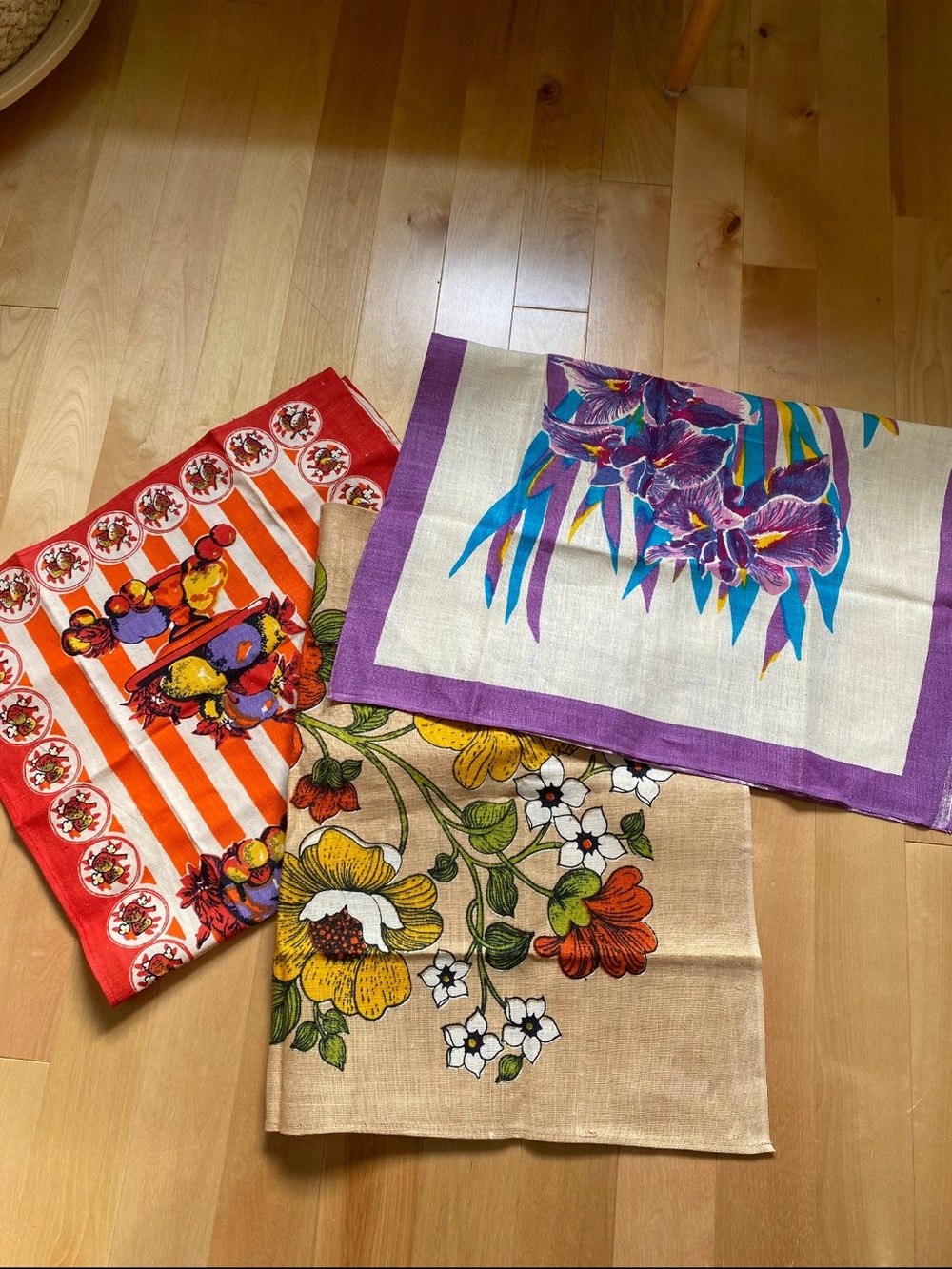 Vintage Floral & Stripe Printed tea towel bundle - Orange, Purple, Yellow